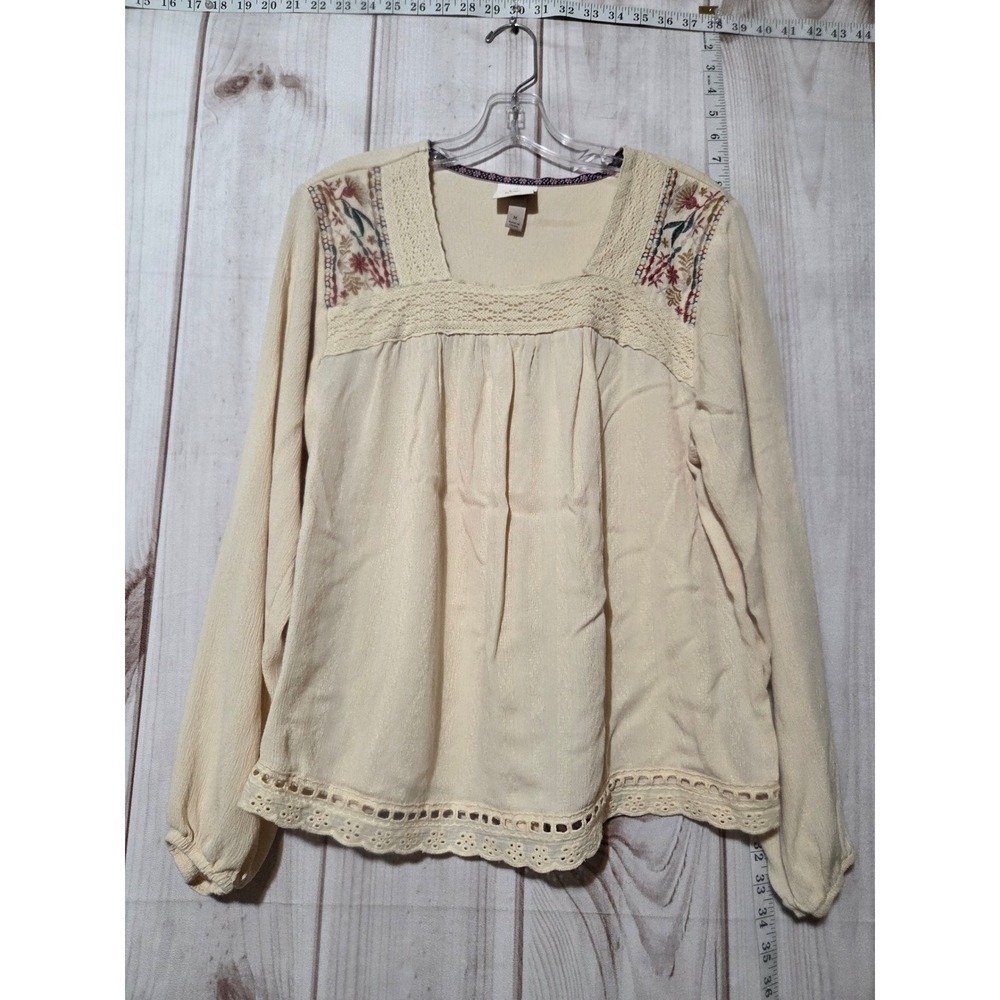 Knox Rose Cream Embroidered Square Neck Blouse Long Sleeve Women's Size M